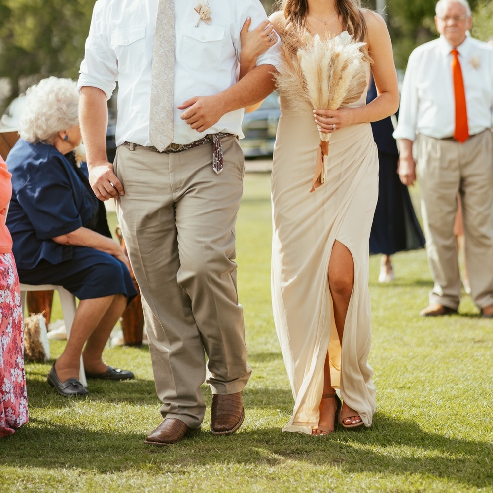 Azazie Champagne Asymmetrical Ruched Maxi Gown - Picture 3 of 5